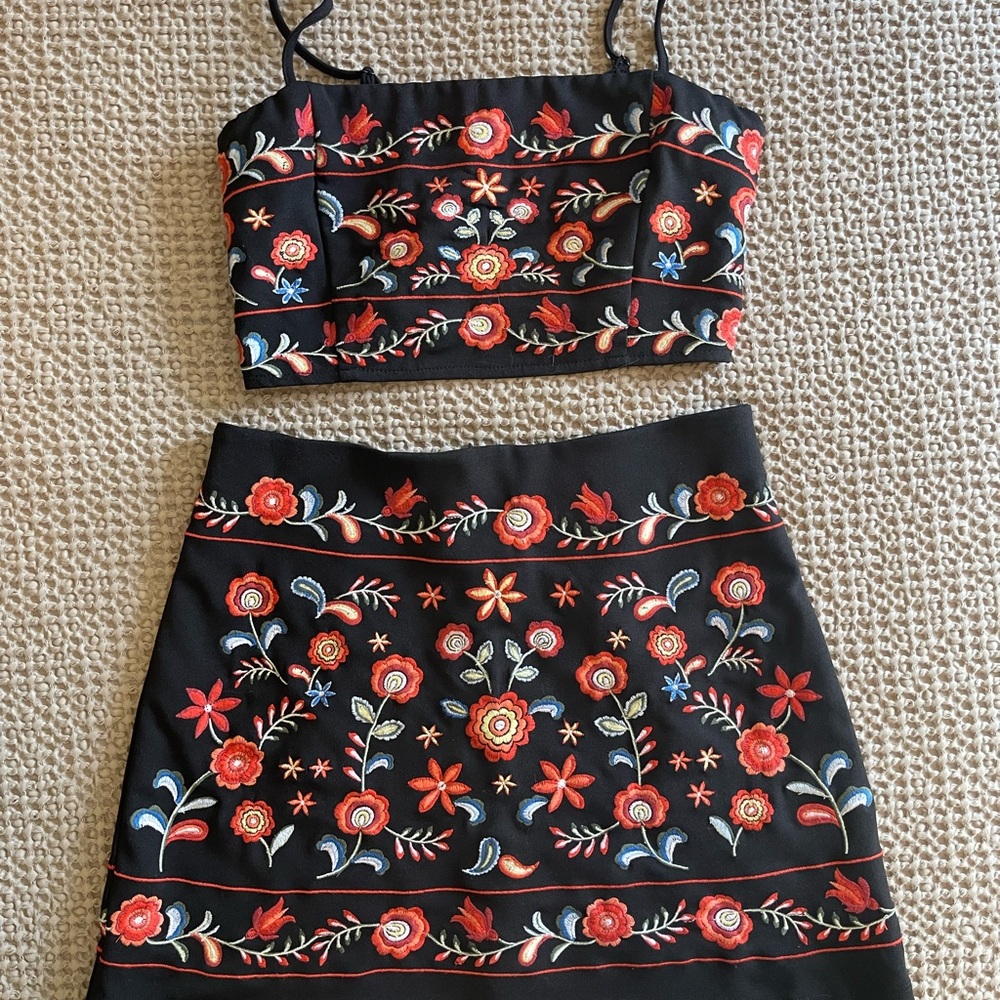 Embroidered Floral Black Skirt Set
